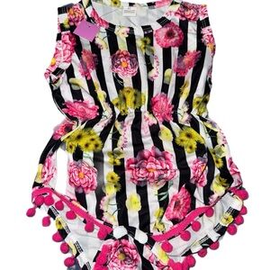 Floral Striped Bodysuit with Pom Pom Trim
